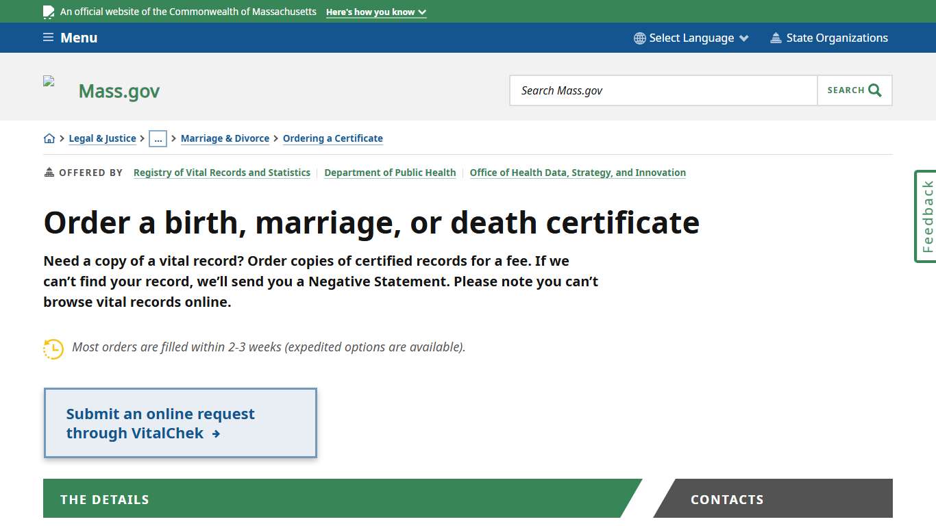 Order a birth, marriage, or death certificate Mass.gov
